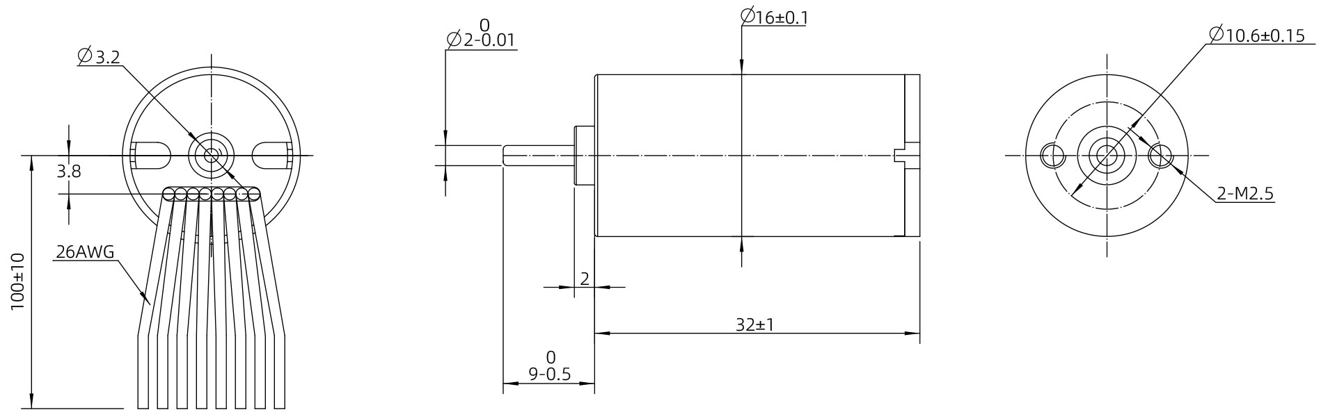 Brushless DC Motor Size 16mm Dimensional Drawing